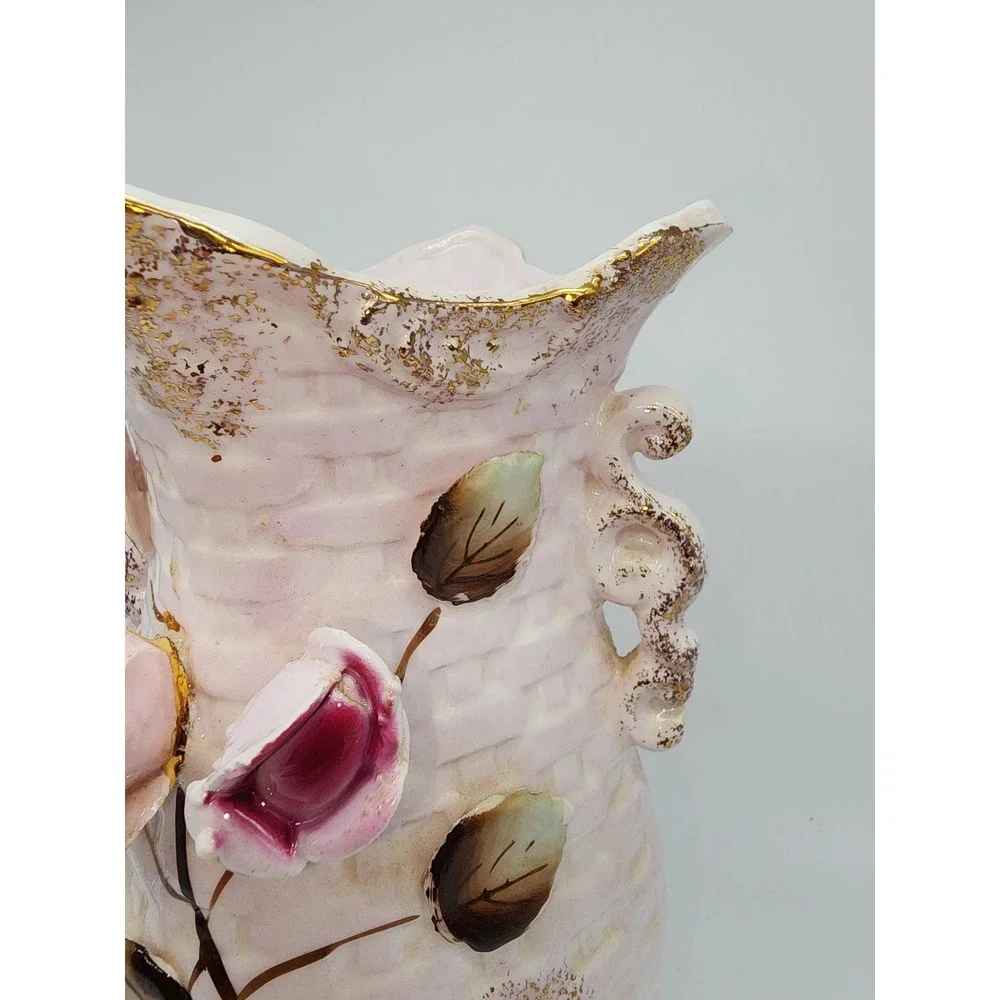 Vintage Pink Basketweave Ceramic Vase 3D Applied Roses Gold Gilt Trim 7.5in